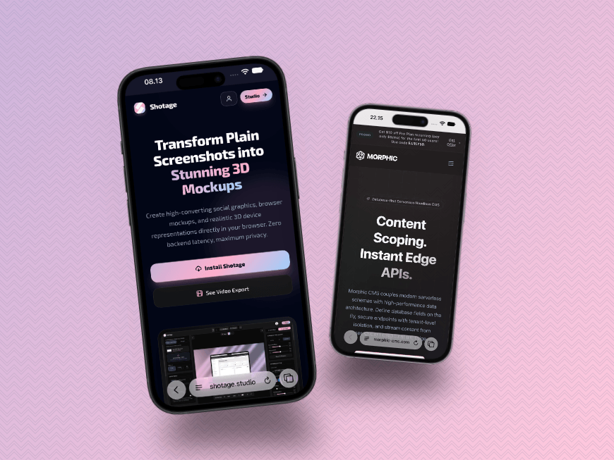 Two phone mockups showcasing Shotage and Morphic on a purple background