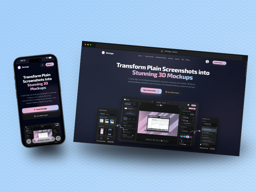 Phone and browser mockups showcasing Shotage on a blue background