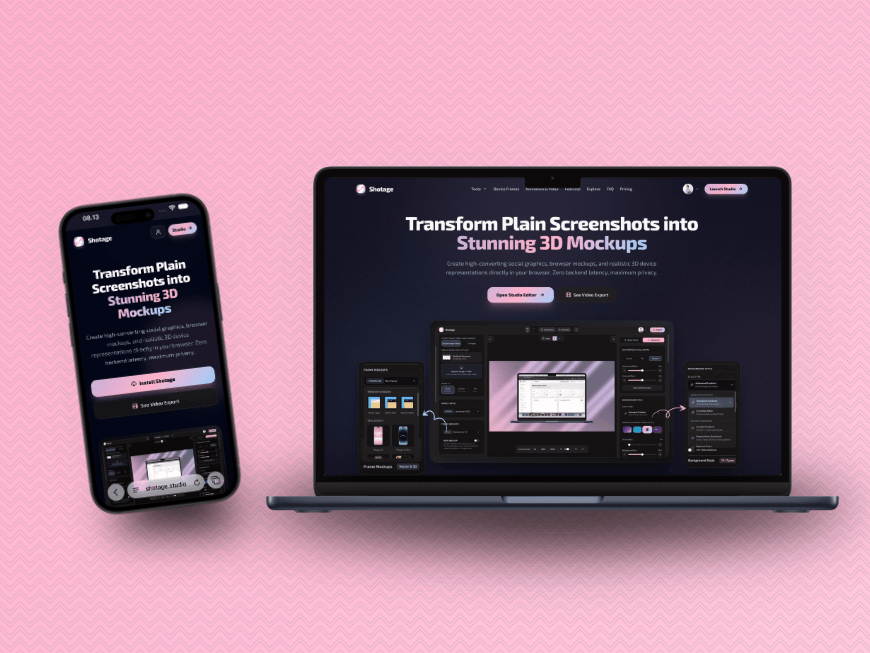 Phone and MacBook mockups showcasing Shotage on a pink background