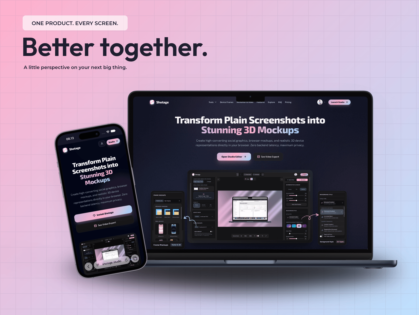 Phone and laptop mockups presenting mobile and desktop screens of an example task management app